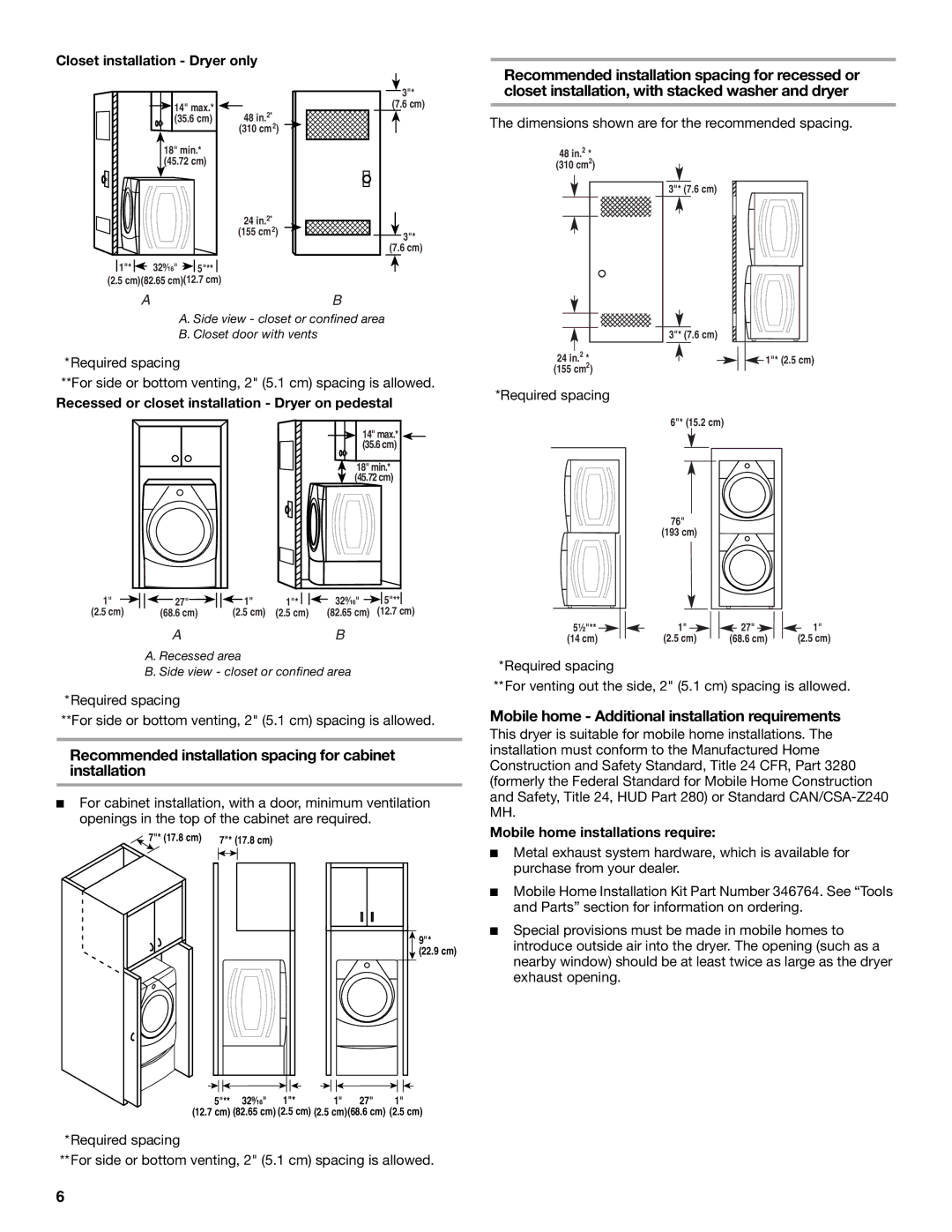 Whirlpool W10136970C manual Recommended installation spacing for cabinet installation, Closet installation Dryer only 