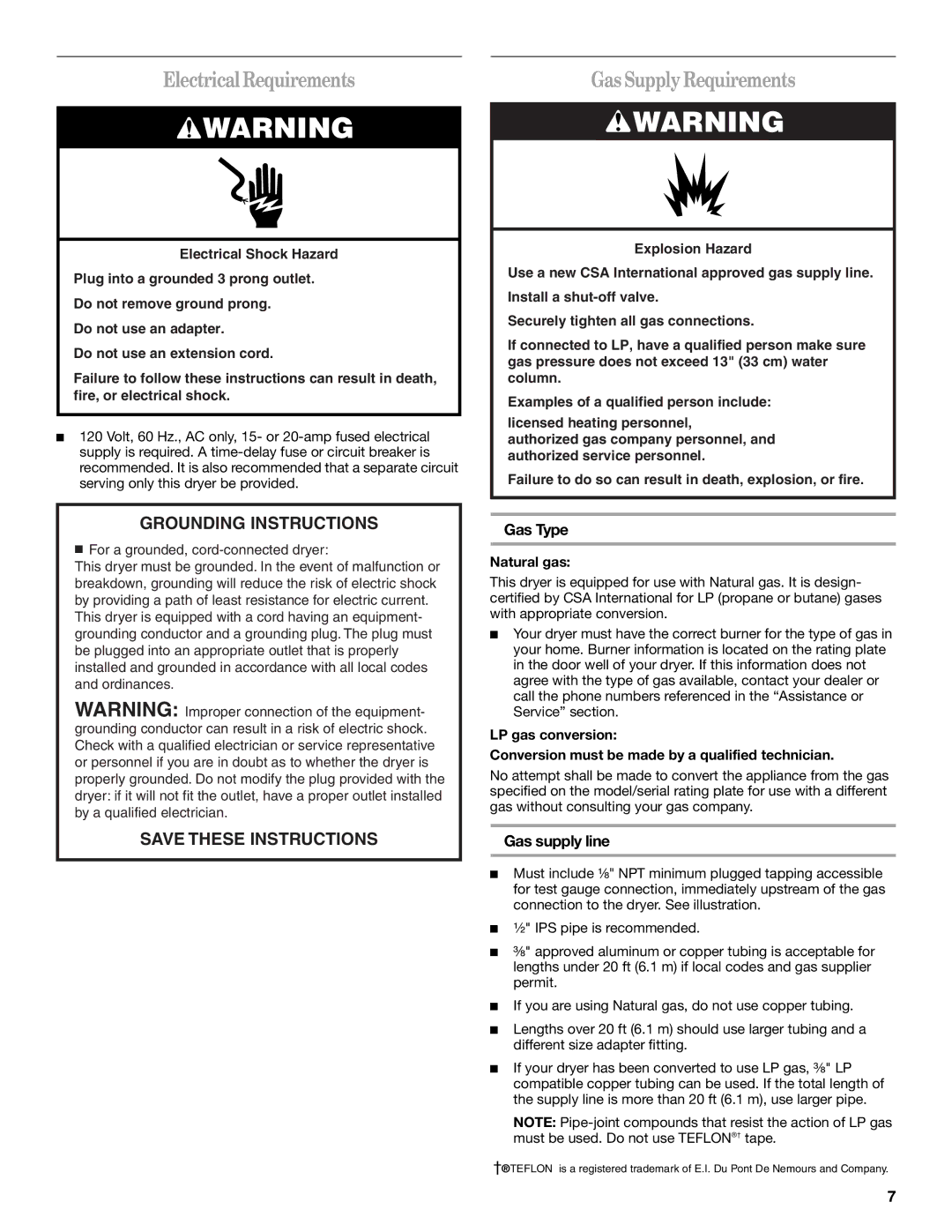 Whirlpool W10136970C manual Electrical Requirements, Gas SupplyRequirements, Gas Type, Gas supply line, Natural gas 