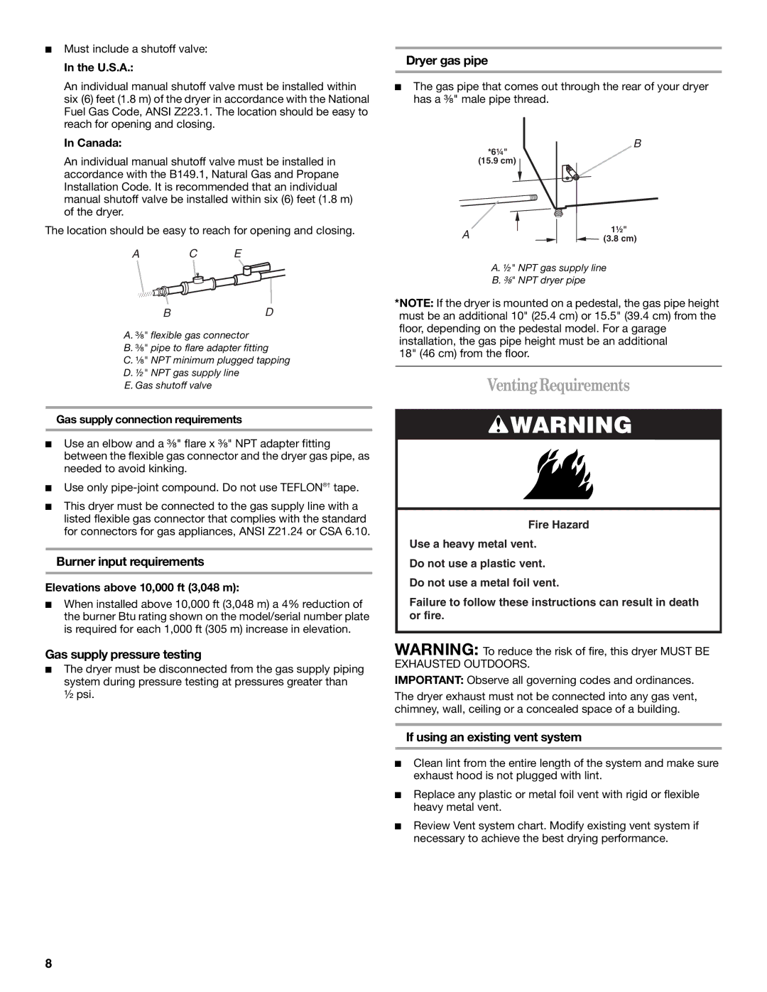 Whirlpool W10136970C manual VentingRequirements, Burner input requirements, Gas supply pressure testing, Dryer gas pipe 