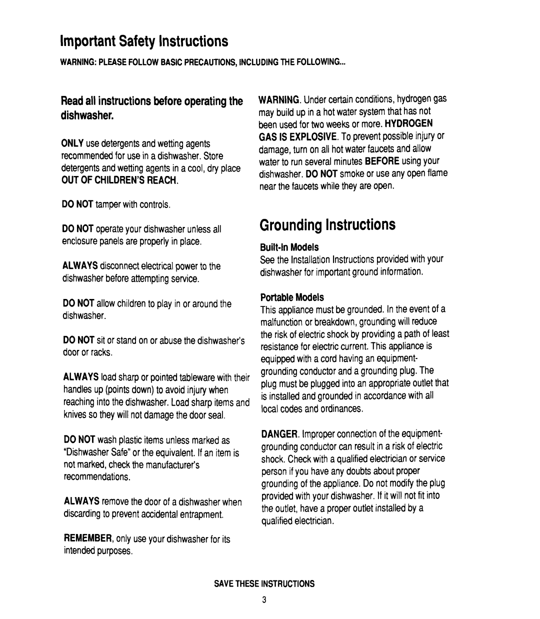 Whirlpool W10142816B manual ImportantSafetyInstructions, GroundingInstructions 