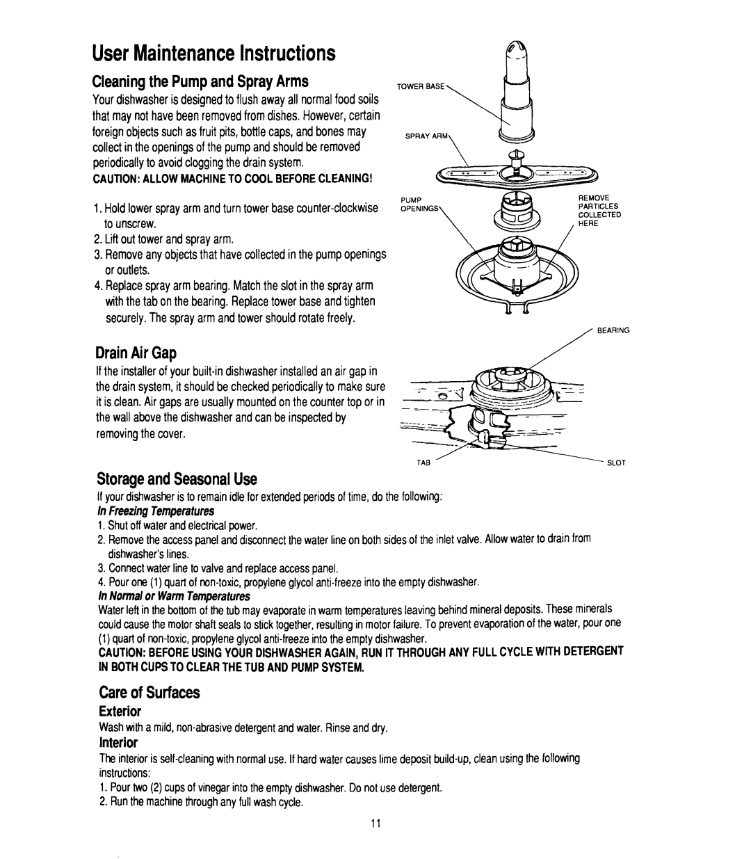 Whirlpool W10142816B manual UserMaintenanceInstructions, CleaningthePumpandSprayArms, DrainAirGap, StorageandSeasonalUse 