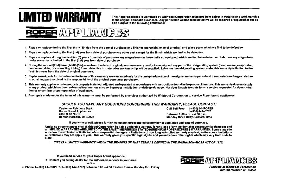 Whirlpool W10142816B manual Should You Have Any Questions, Concerning This Warranty, Please Contact 