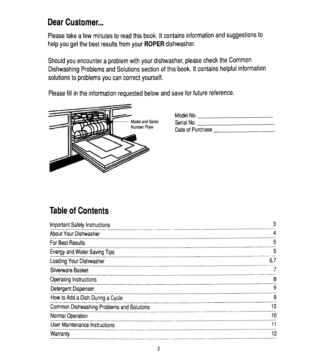 Whirlpool W10142816B manual DearCustomer, Tableof Contents 