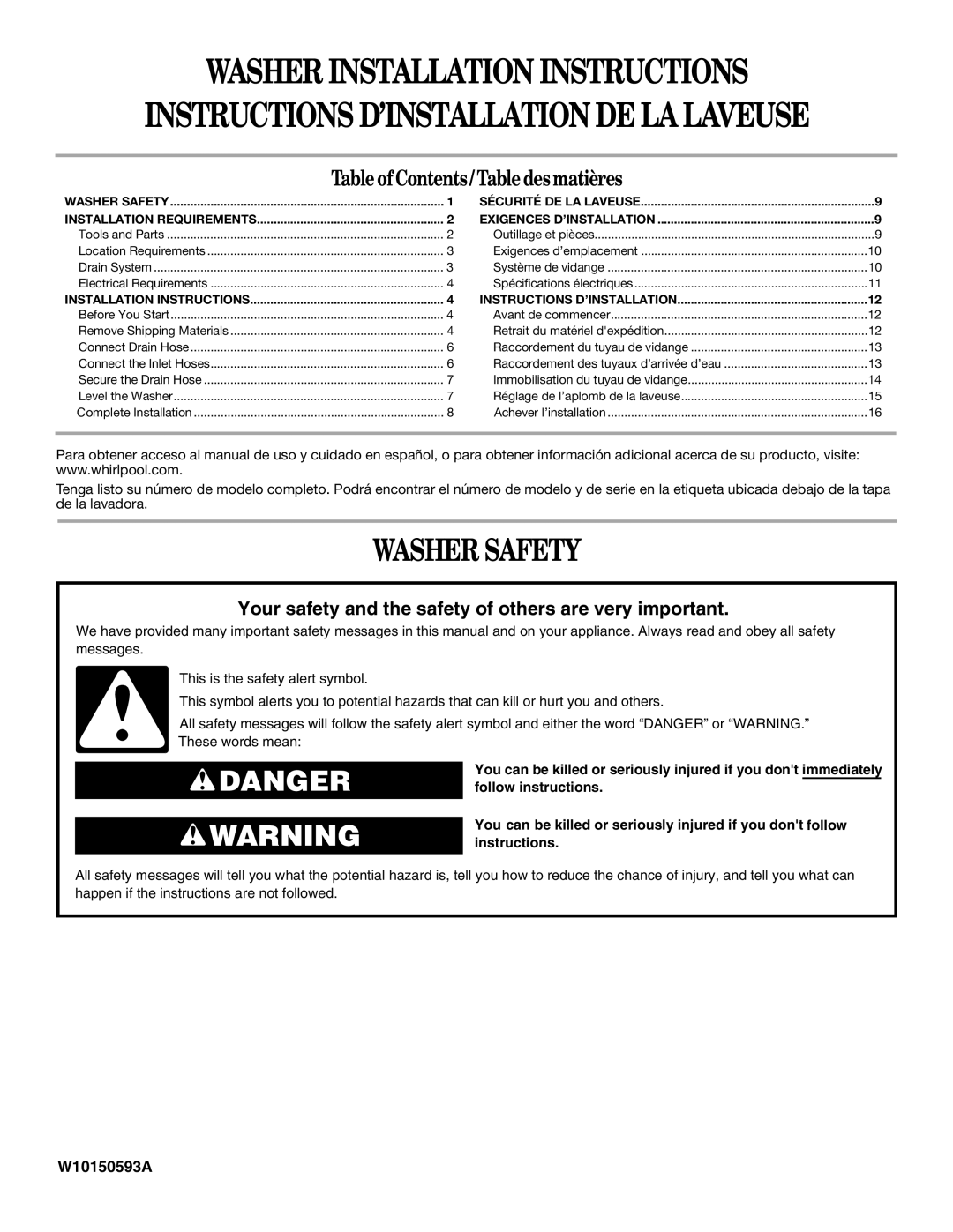 Whirlpool W10150593A installation instructions Washer Installation Instructions, Washer Safety 