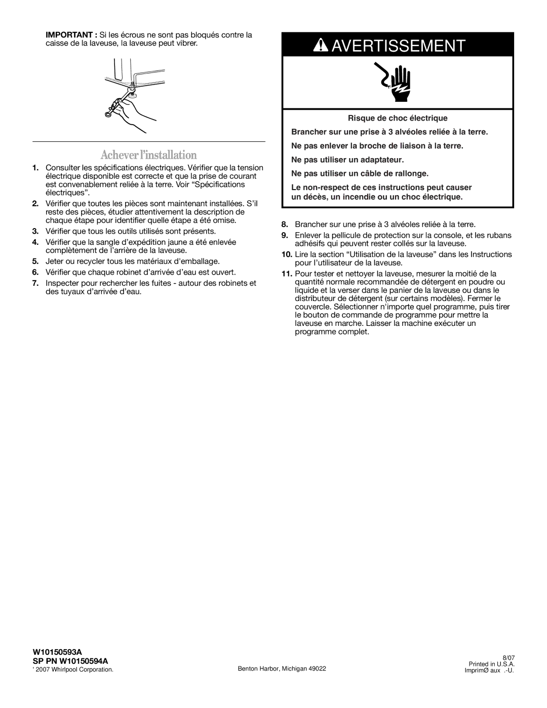 Whirlpool installation instructions Acheverl’installation, W10150593A SP PN W10150594A 