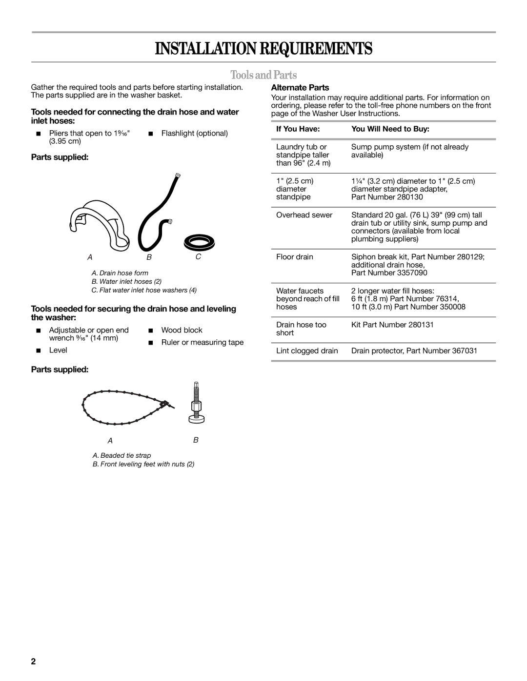 Whirlpool W10150593A installation instructions Installation Requirements, Tools andParts, Parts supplied, Alternate Parts 