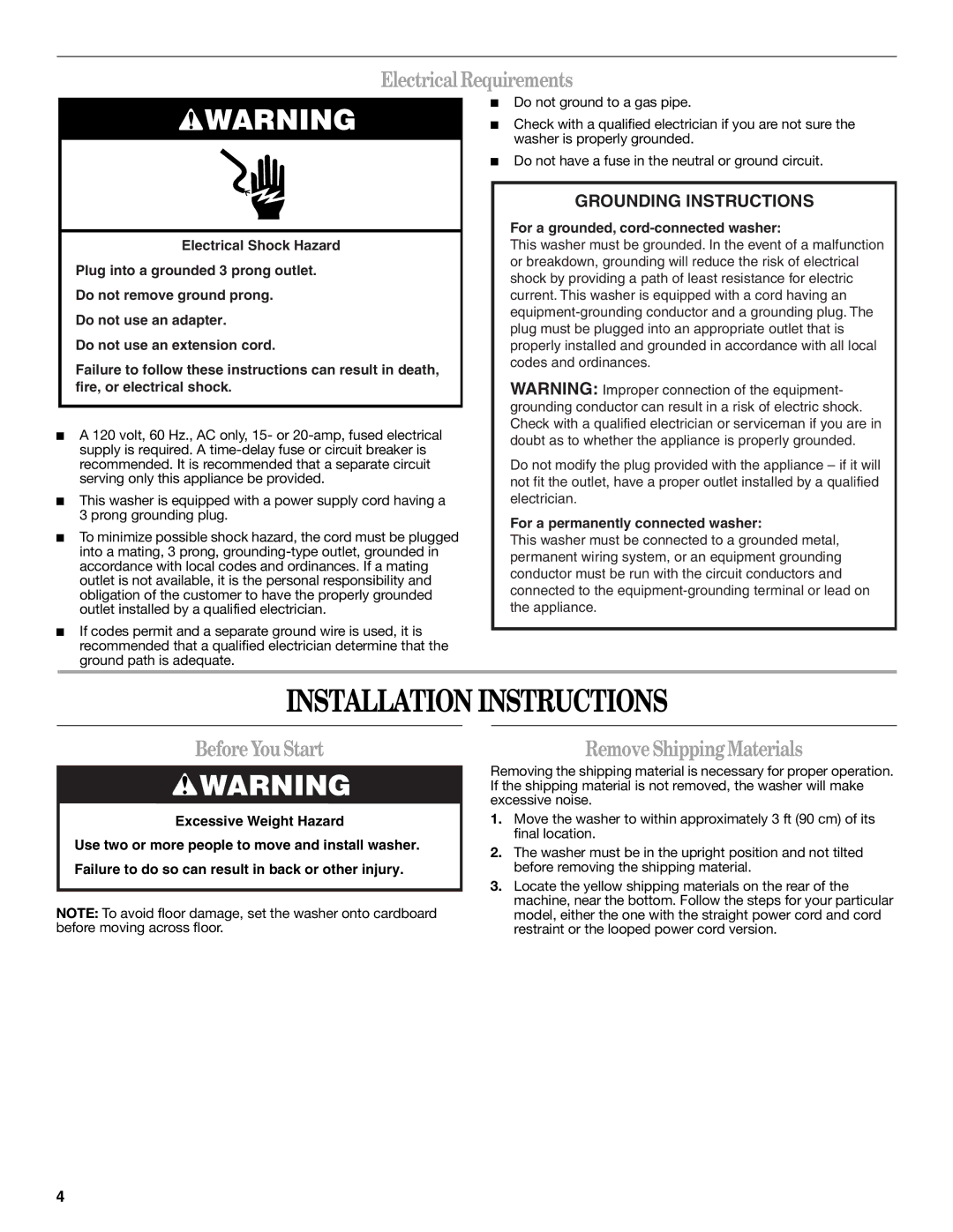 Whirlpool W10150593A Installation Instructions, ElectricalRequirements, BeforeYouStart, RemoveShippingMaterials 