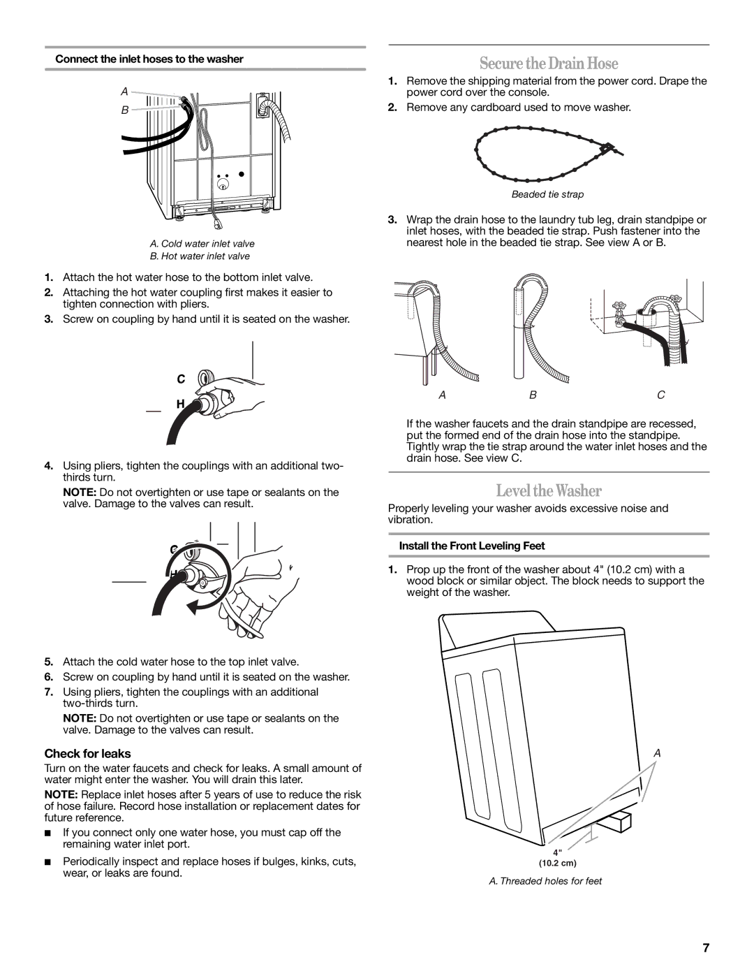 Whirlpool W10150593A SecuretheDrainHose, Level theWasher, Check for leaks, Connect the inlet hoses to the washer 