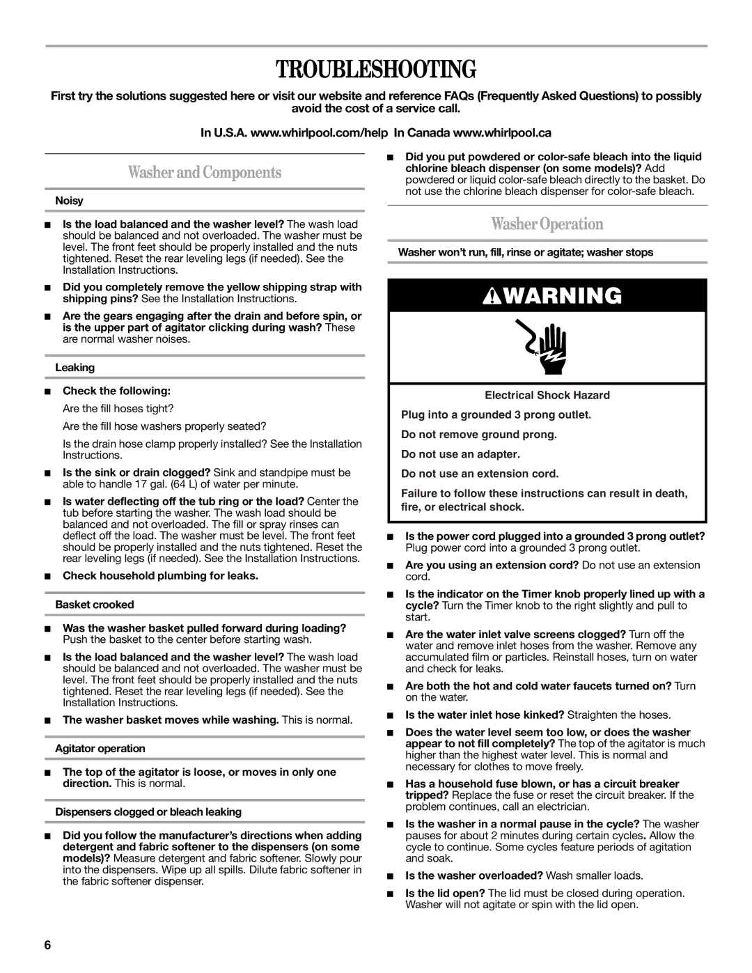 Whirlpool W10150595A warranty Troubleshooting, WasherandComponents, WasherOperation 