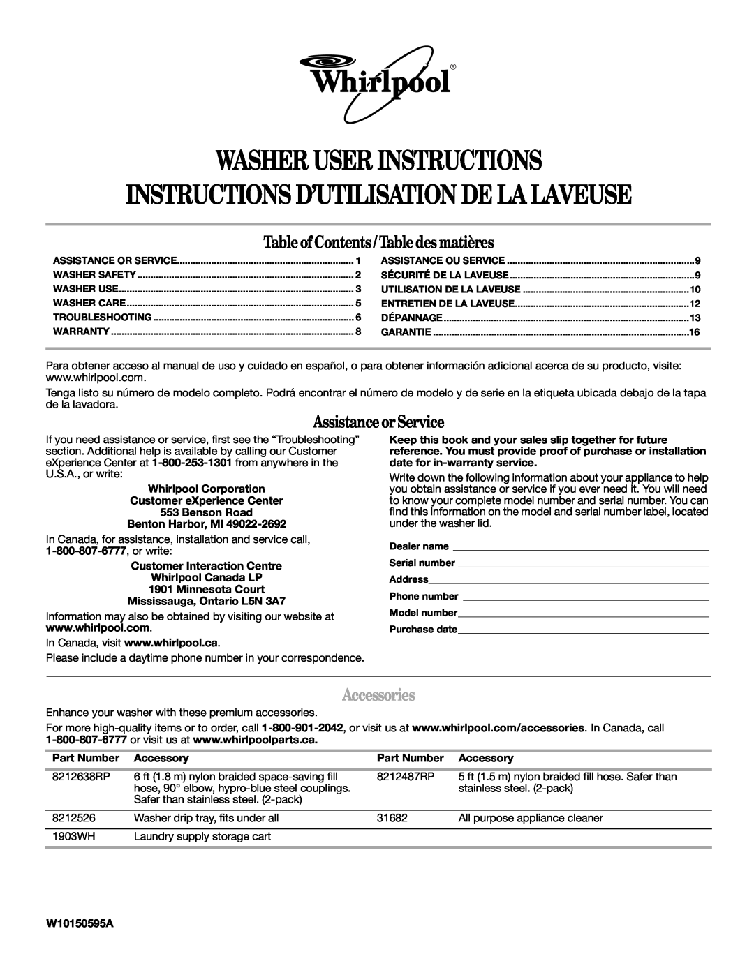 Whirlpool W10150595A warranty Washer User Instructions Instructions D’Utilisation De La Laveuse, AssistanceorService 