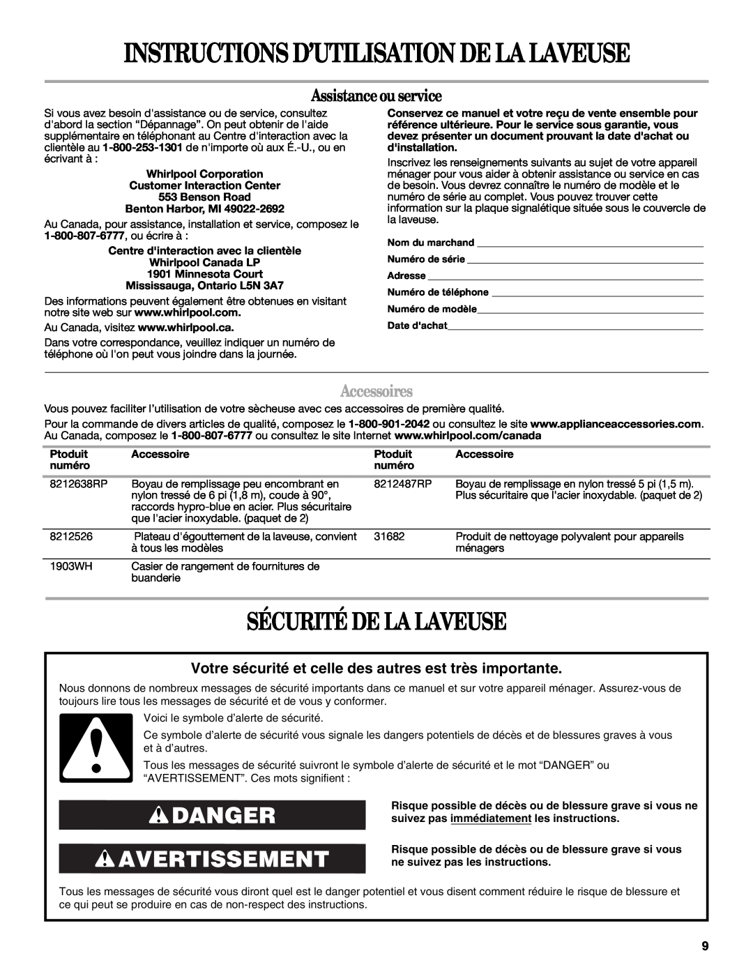 Whirlpool W10150595A Instructions D’Utilisation De La Laveuse, Sécurité De La Laveuse, Danger Avertissement, Accessoires 