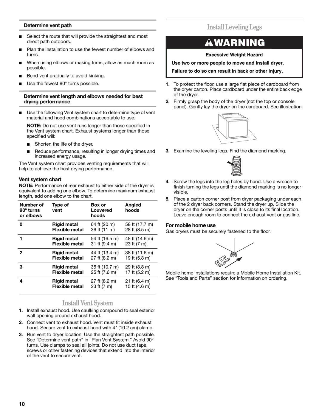 Whirlpool W10150627A Install VentSystem, Install LevelingLegs, Determine vent path, Vent system chart, For mobile home use 