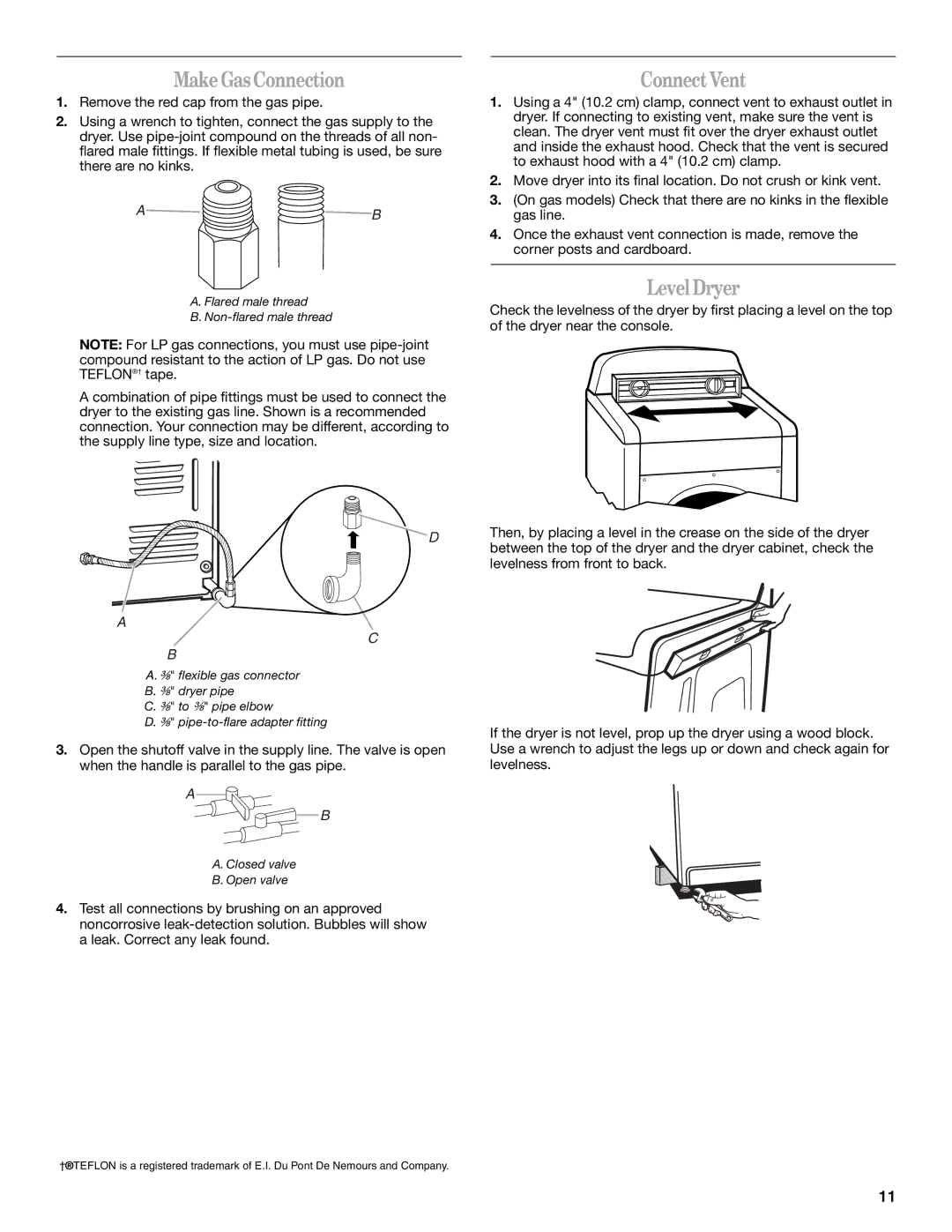 Whirlpool W10150626A, W10150627A manual MakeGasConnection, ConnectVent, LevelDryer 