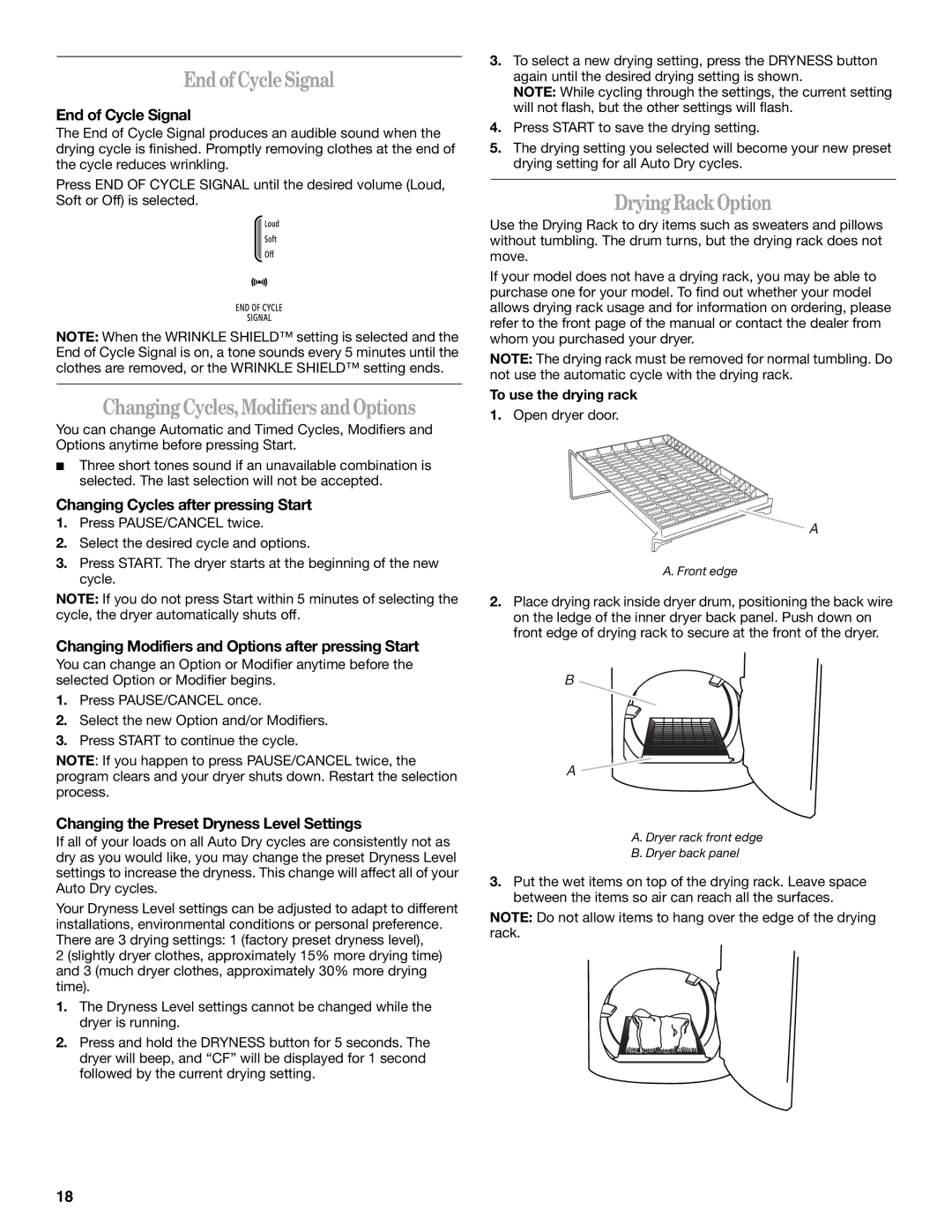 Whirlpool W10150627A, W10150626A manual EndofCycleSignal, ChangingCycles,Modifiers andOptions, DryingRackOption 