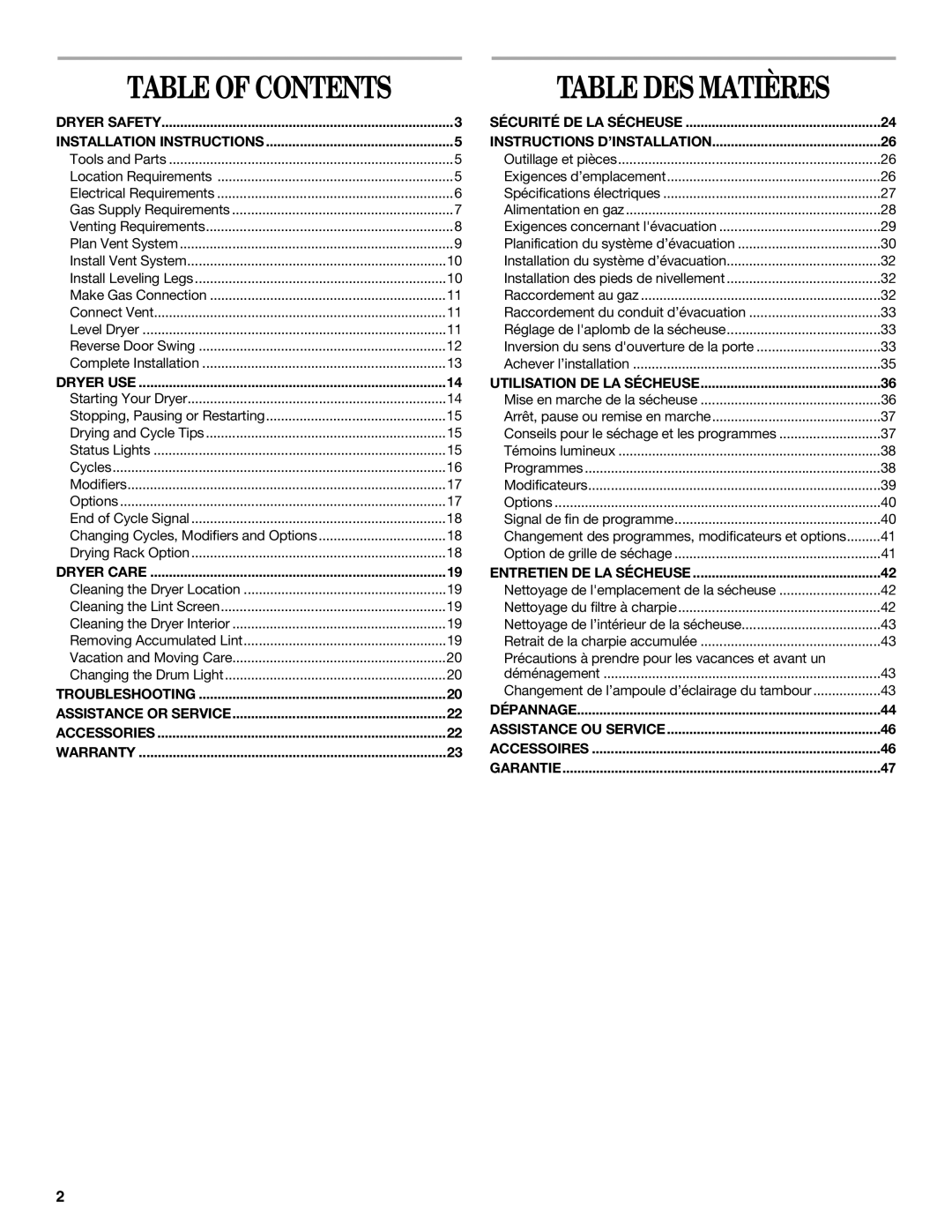 Whirlpool W10150627A, W10150626A manual Table DES Matières 