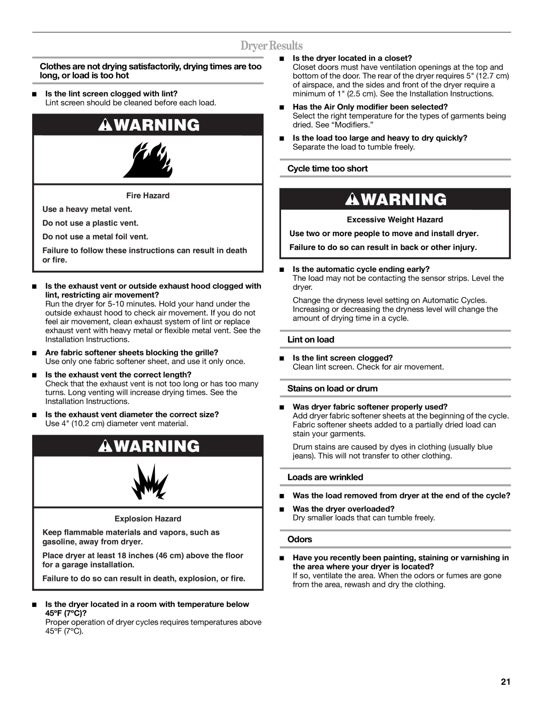 Whirlpool W10150626A, W10150627A manual DryerResults 