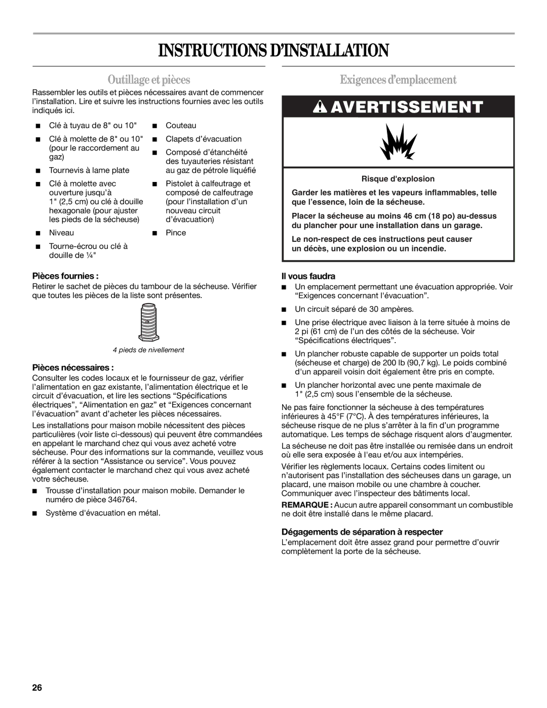 Whirlpool W10150627A, W10150626A manual Instructions D’INSTALLATION, Outillageetpièces, Exigences d’emplacement 