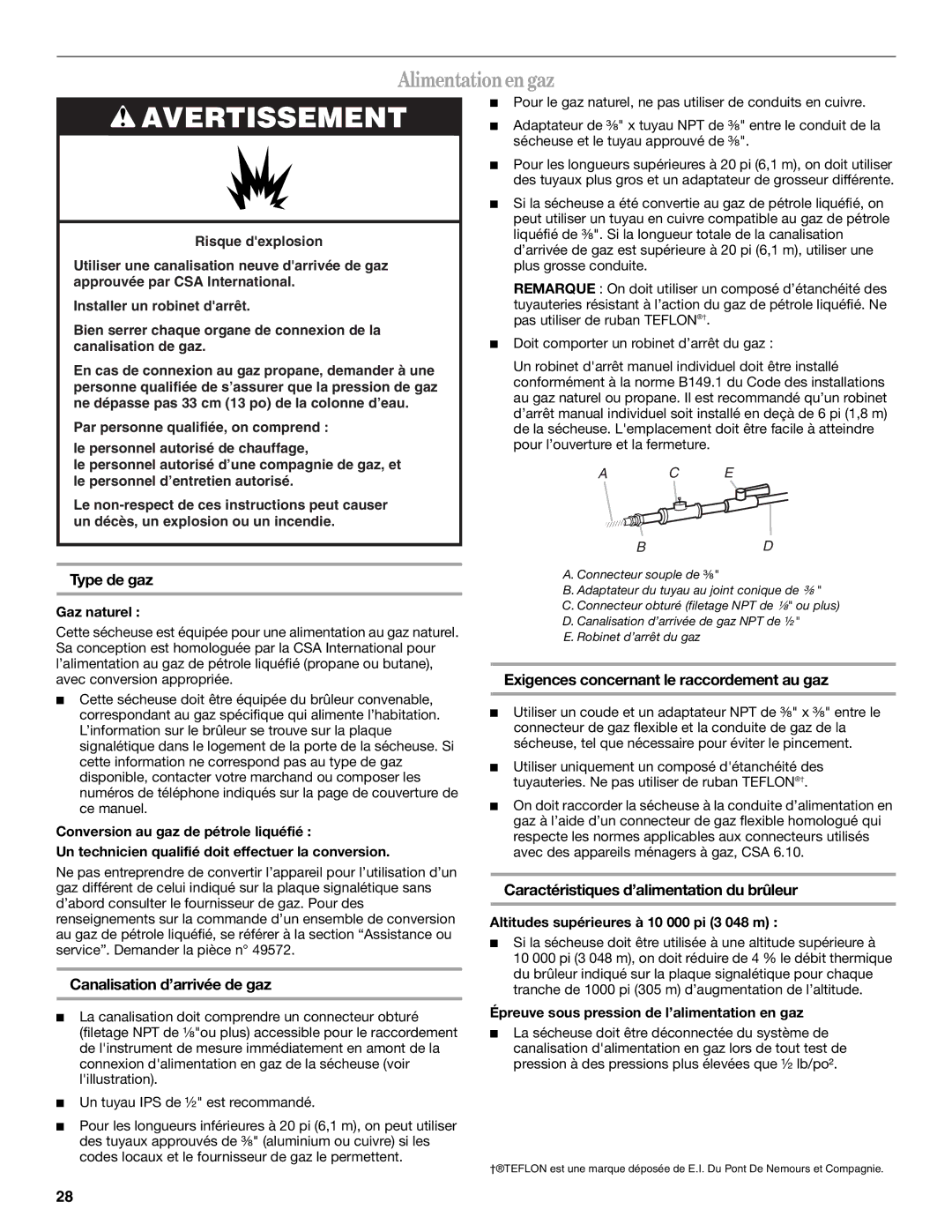 Whirlpool W10150627A, W10150626A manual Alimentationengaz, Type de gaz, Canalisation d’arrivée de gaz 