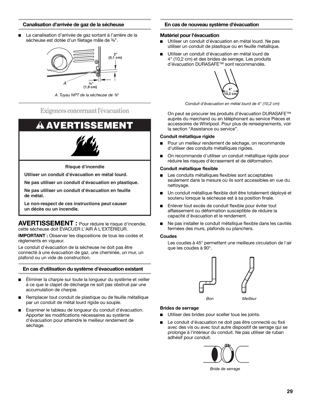 Whirlpool W10150626A, W10150627A manual Exigencesconcernantlévacuation, Canalisation d’arrivée de gaz de la sécheuse 