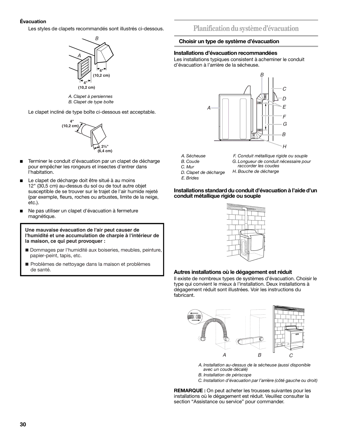 Whirlpool W10150627A, W10150626A manual Planificationdusystèmed’évacuation, Évacuation 