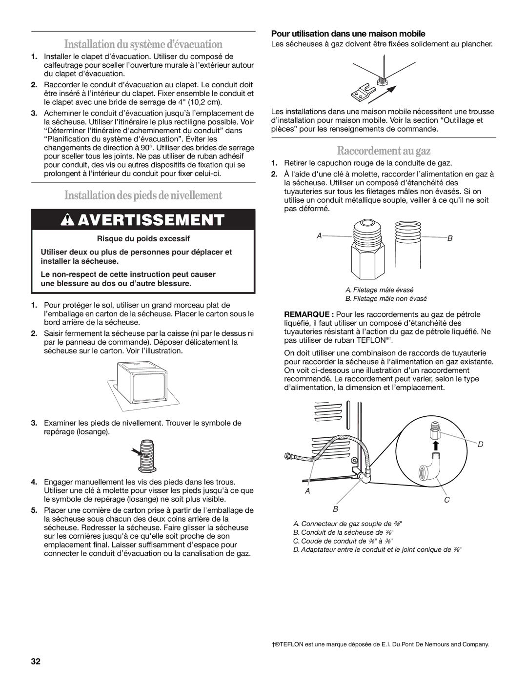 Whirlpool W10150627A, W10150626A Installationdusystèmed’évacuation, Installationdespiedsdenivellement, Raccordementaugaz 