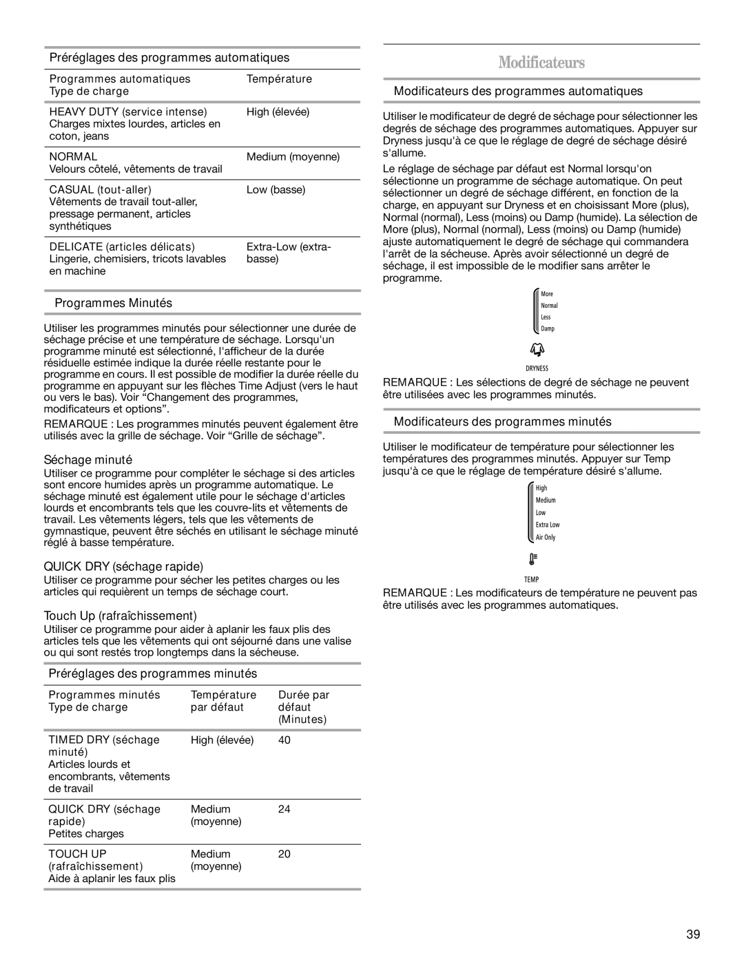 Whirlpool W10150626A, W10150627A manual Modificateurs 