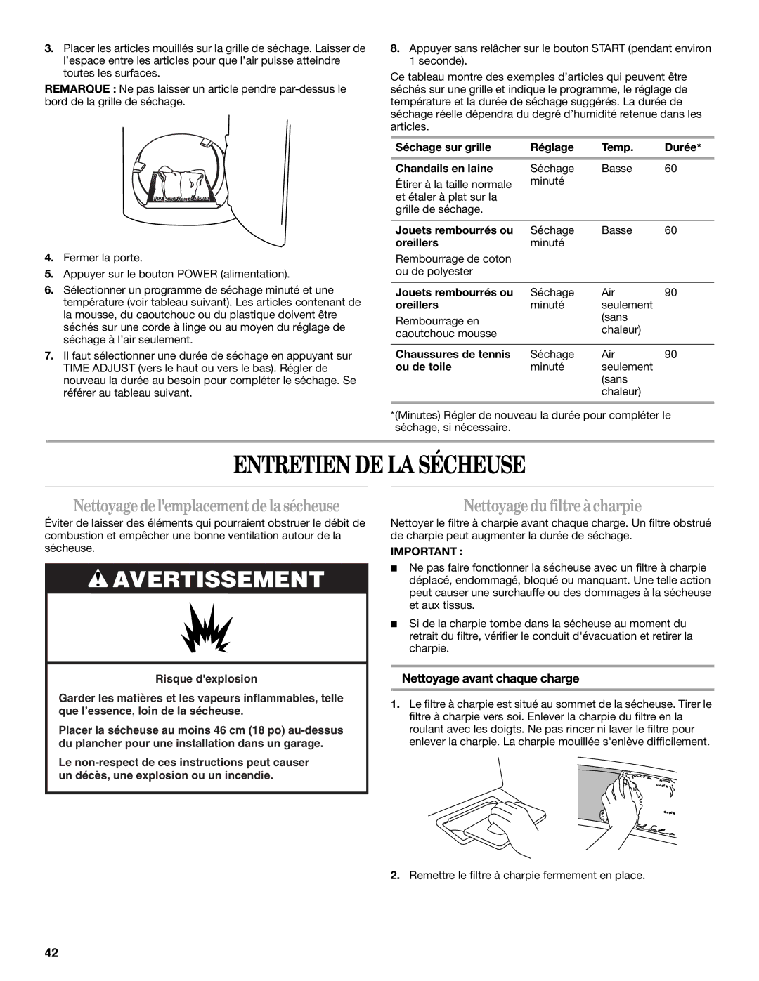 Whirlpool W10150627A, W10150626A Entretien DE LA Sécheuse, Nettoyagedelemplacementdelasécheuse, Nettoyagedufiltreàcharpie 