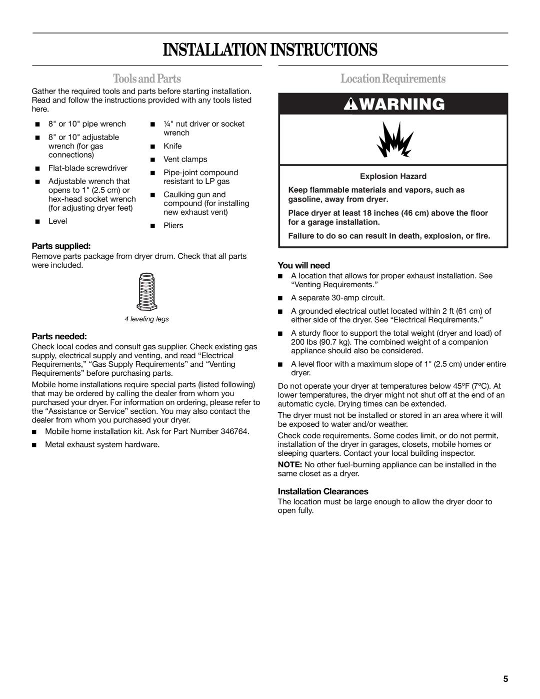 Whirlpool W10150626A, W10150627A manual Installation Instructions, ToolsandParts, LocationRequirements 