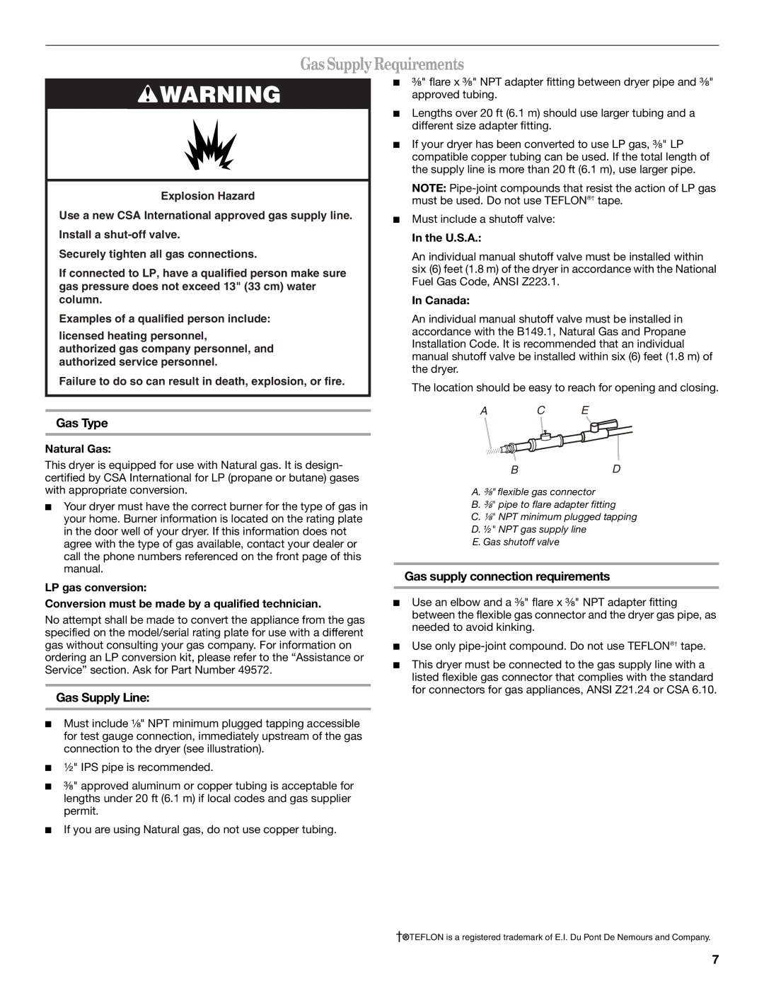 Whirlpool W10150626A, W10150627A manual GasSupplyRequirements, Gas Type, Gas Supply Line, Gas supply connection requirements 