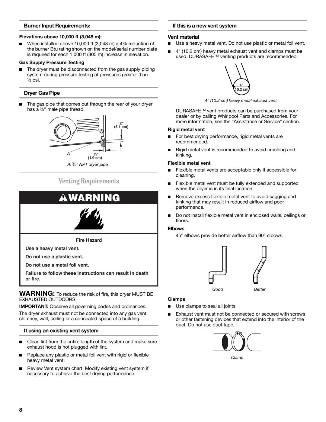 Whirlpool W10150627A VentingRequirements, Burner Input Requirements, Dryer Gas Pipe, If using an existing vent system 