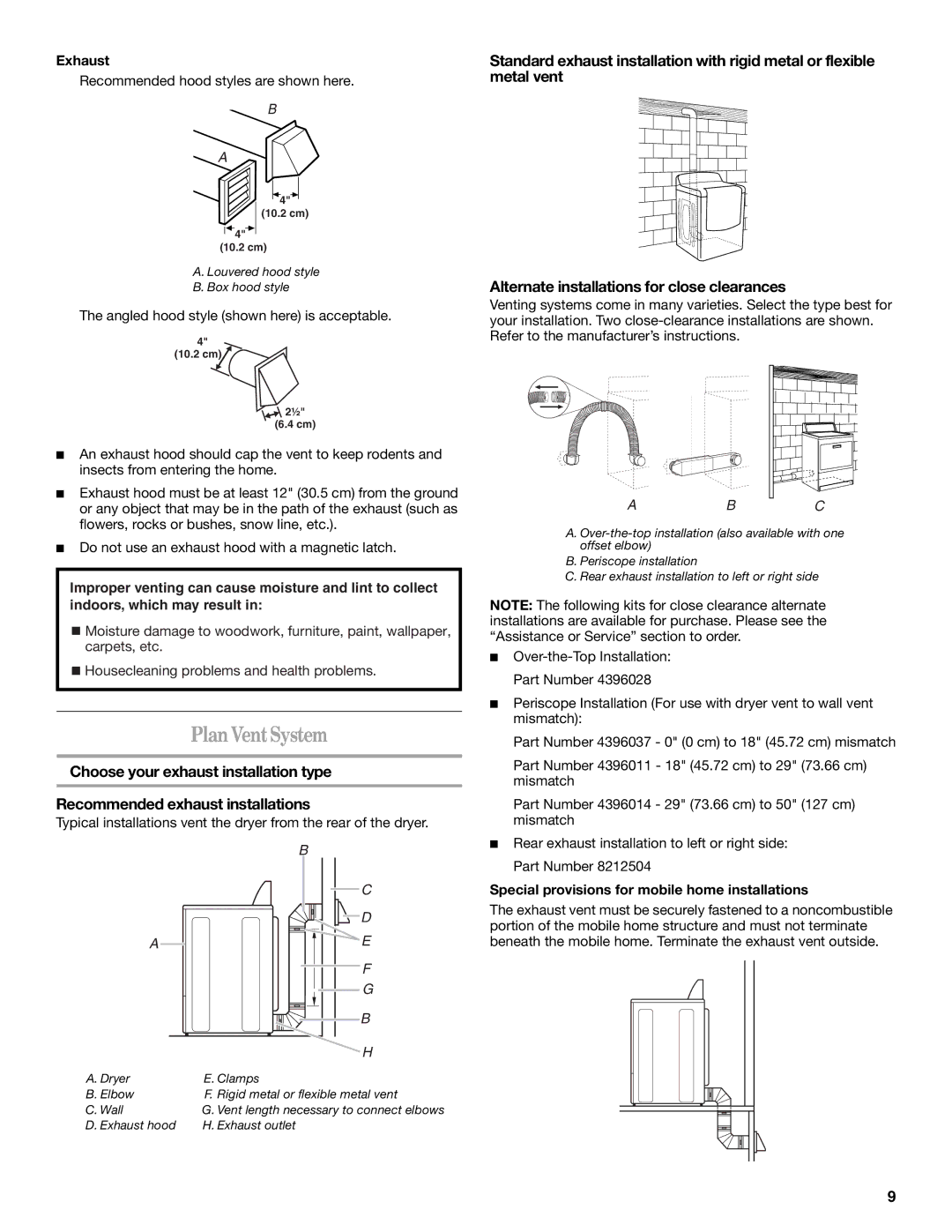 Whirlpool W10150626A, W10150627A manual PlanVentSystem, Exhaust, Special provisions for mobile home installations 