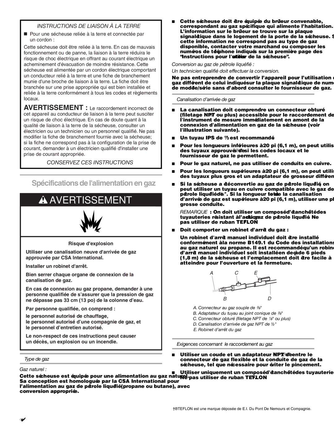 Whirlpool W10150630A important safety instructions Spécifications delalimentation en gaz, Canalisation d’arrivée de gaz 