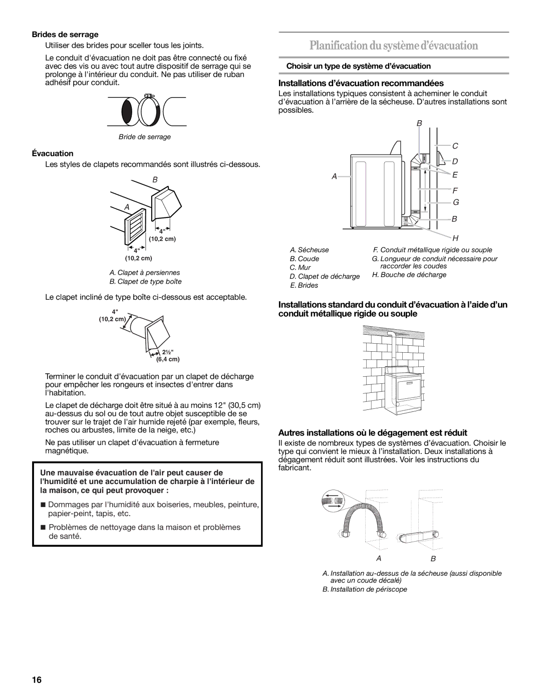 Whirlpool W10150630A Planificationdusystèmed’évacuation, Installations d’évacuation recommandées, Brides de serrage 