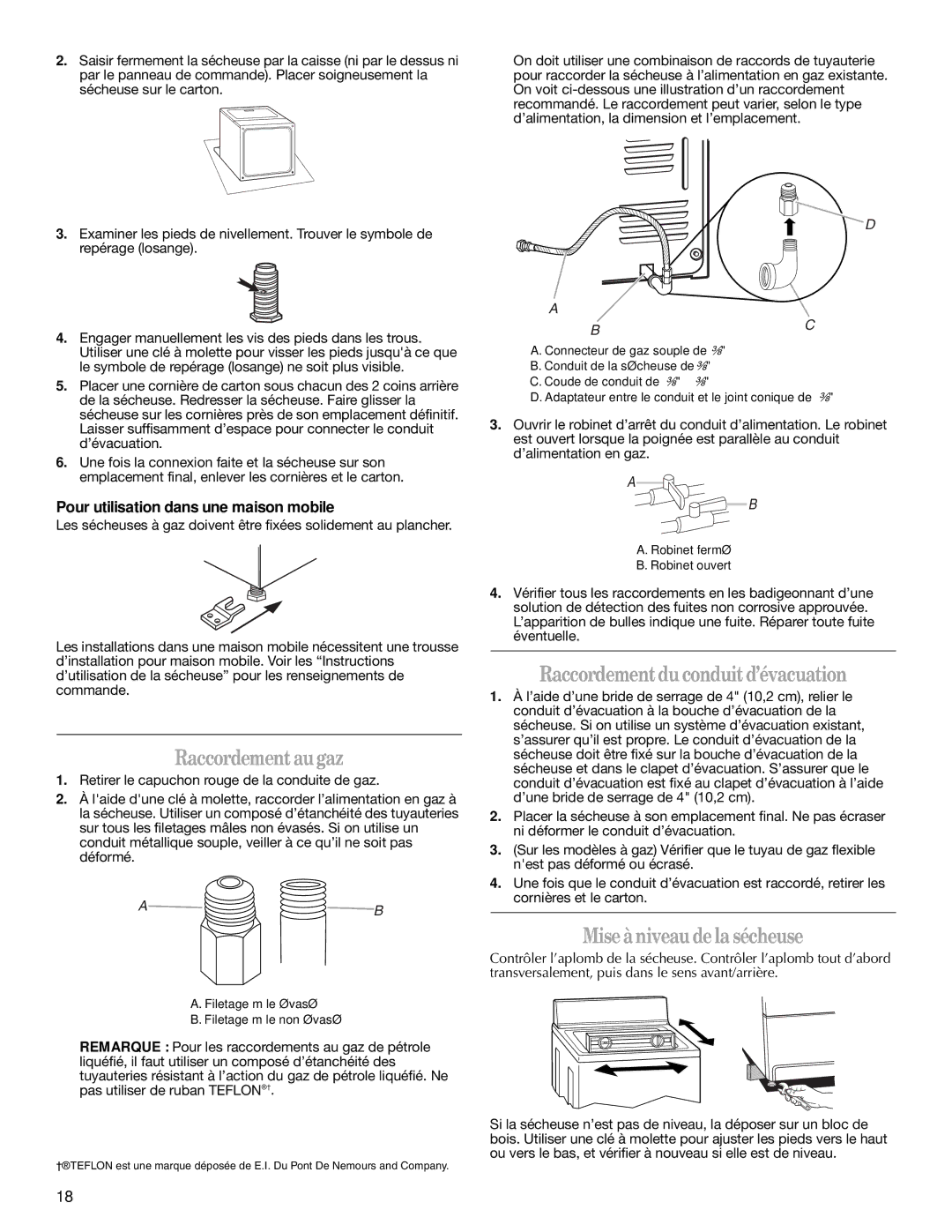 Whirlpool W10150630A Raccordementaugaz, Raccordementduconduitd’évacuation, Miseàniveau dela sécheuse 