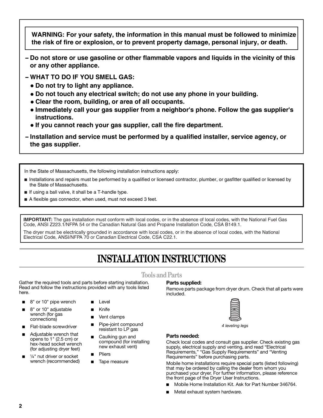 Whirlpool W10150630A important safety instructions Installation Instructions, Tools andParts, Parts supplied, Parts needed 