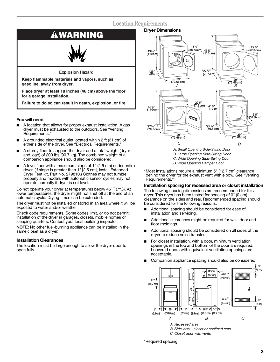 Whirlpool W10150630A LocationRequirements, Dryer Dimensions, You will need, Installation Clearances 