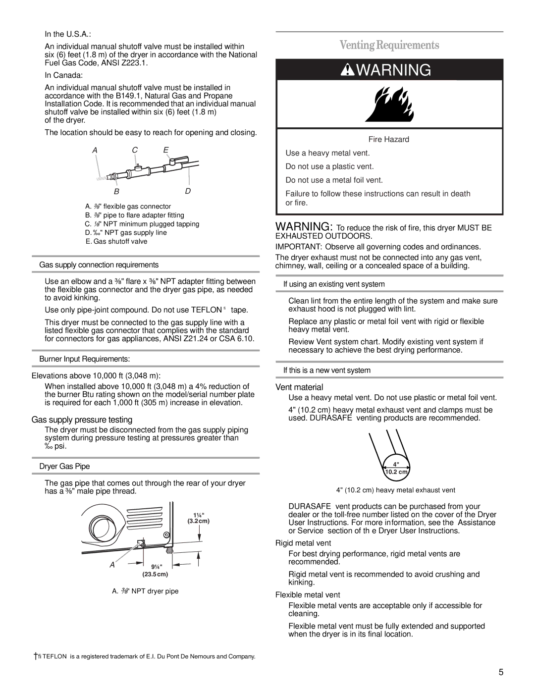 Whirlpool W10150630A important safety instructions VentingRequirements, Gas supply pressure testing, Vent material 