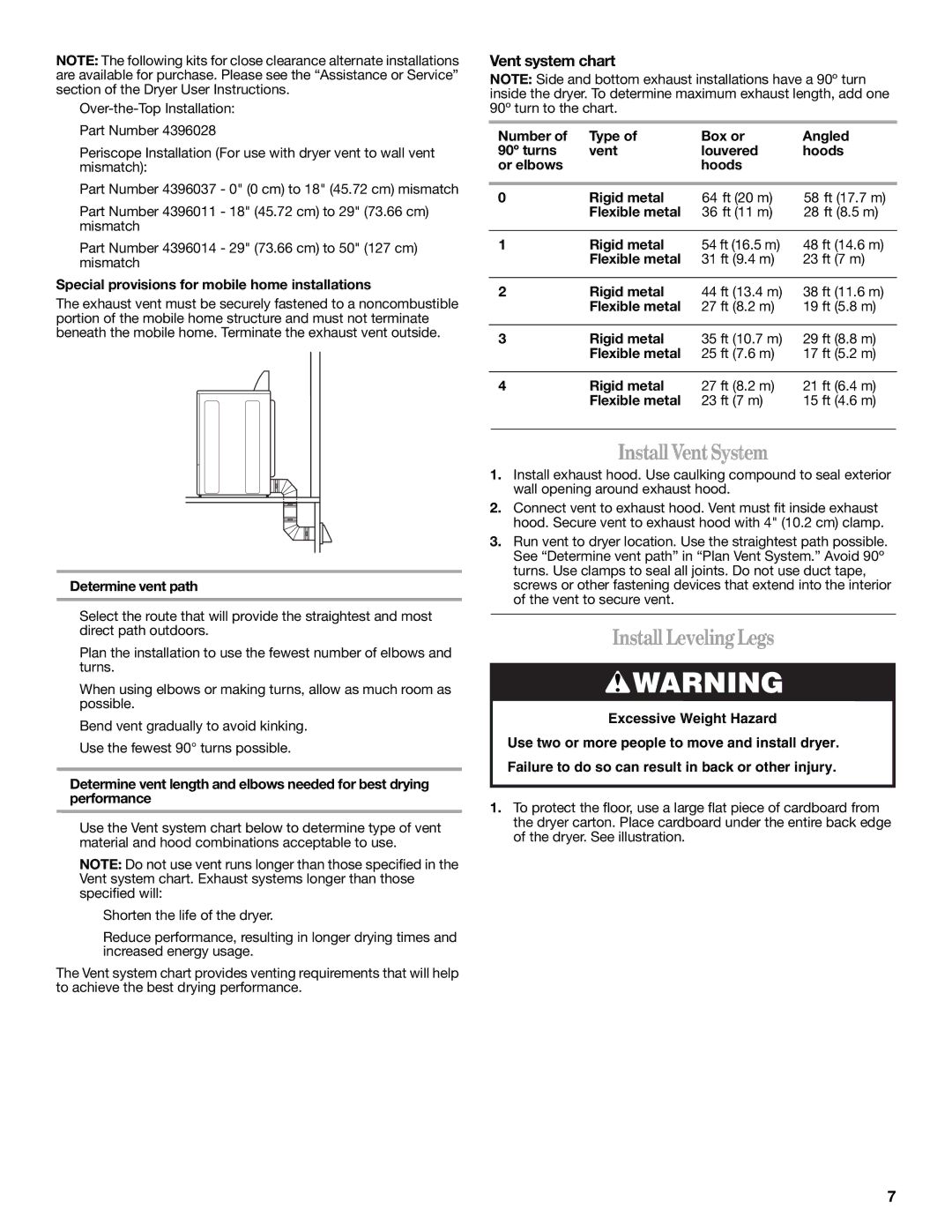 Whirlpool W10150630A Install VentSystem, Install LevelingLegs, Vent system chart, Determine vent path 