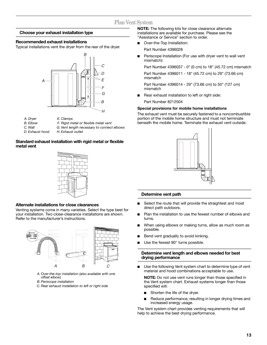 Whirlpool W10151493A, W10151492A manual PlanVentSystem, Alternate installations for close clearances, Determine vent path 