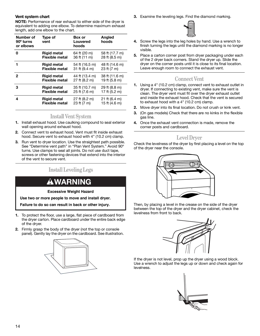 Whirlpool W10151492A, W10151493A manual Install VentSystem, Install LevelingLegs, ConnectVent, LevelDryer, Vent system chart 