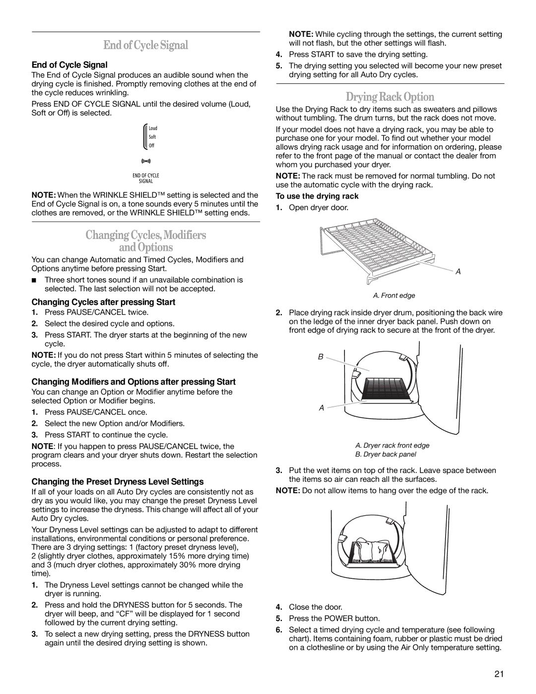 Whirlpool W10151493A, W10151492A manual EndofCycleSignal, DryingRackOption, ChangingCycles,Modifiers AndOptions 