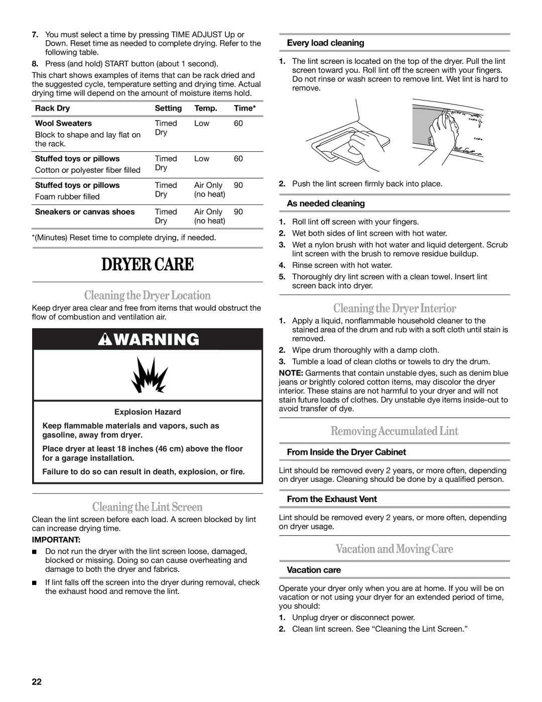 Whirlpool W10151492A, W10151493A manual Dryer Care 