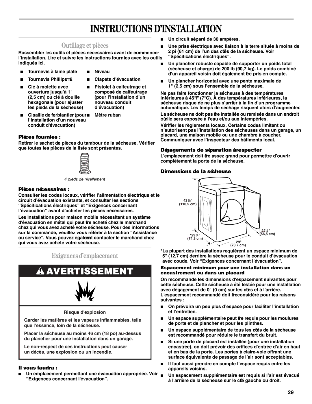 Whirlpool W10151493A, W10151492A manual Instructions D’INSTALLATION, Outillageetpièces, Exigences d’emplacement 