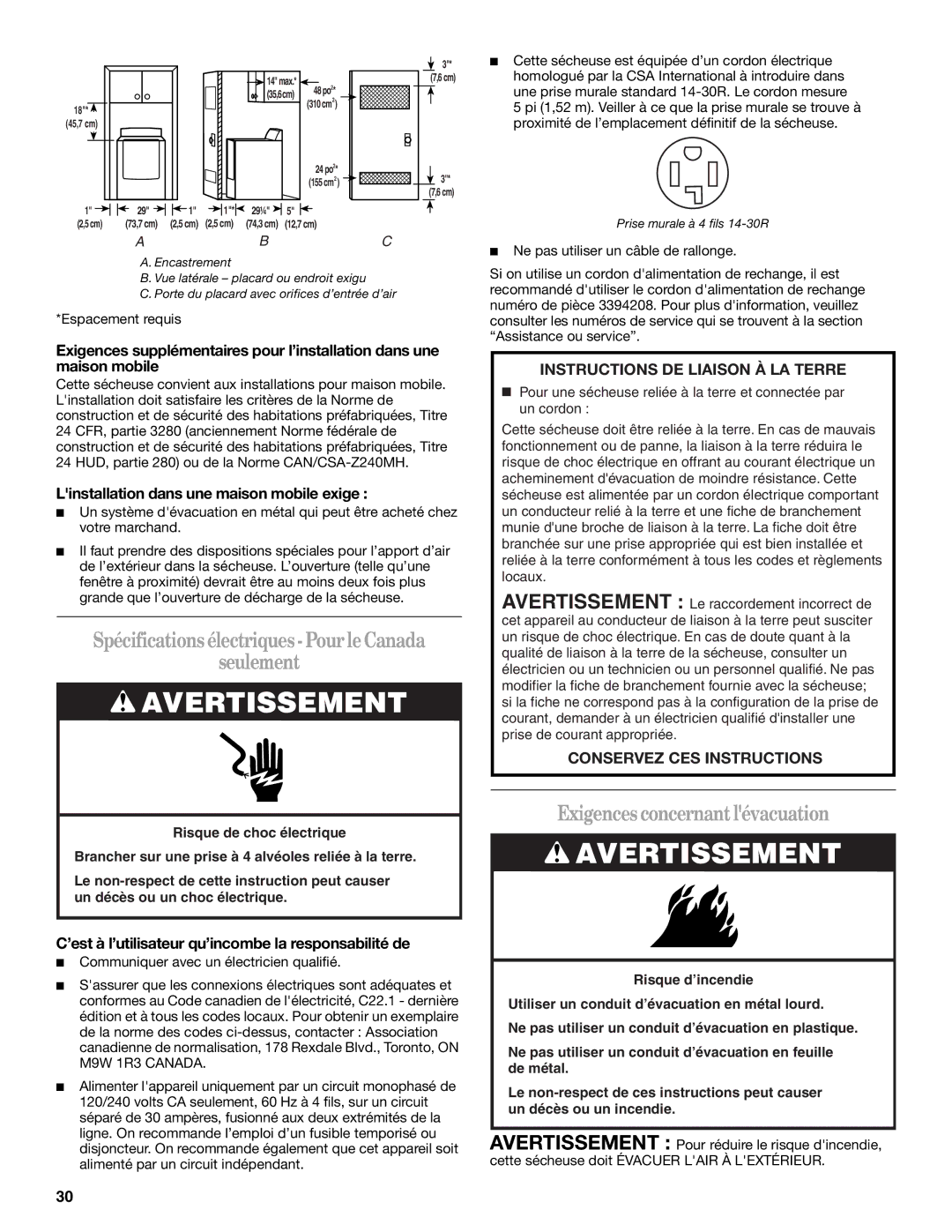 Whirlpool W10151492A, W10151493A manual Spécificationsélectriques-PourleCanada Seulement, Exigencesconcernantlévacuation 