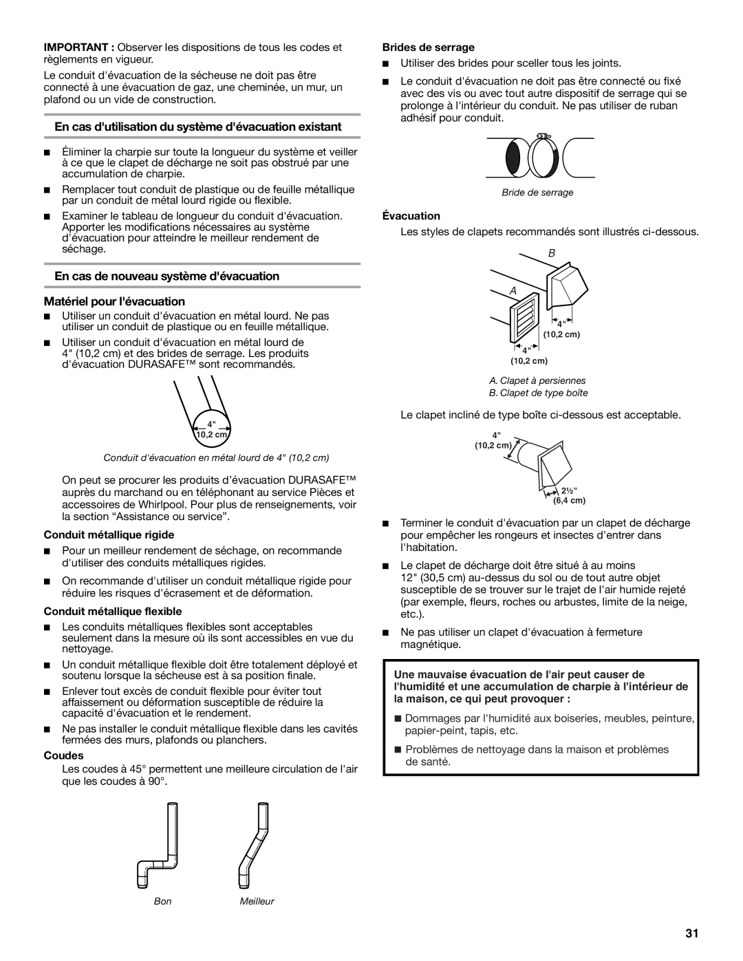 Whirlpool W10151493A, W10151492A manual En cas dutilisation du système dévacuation existant 