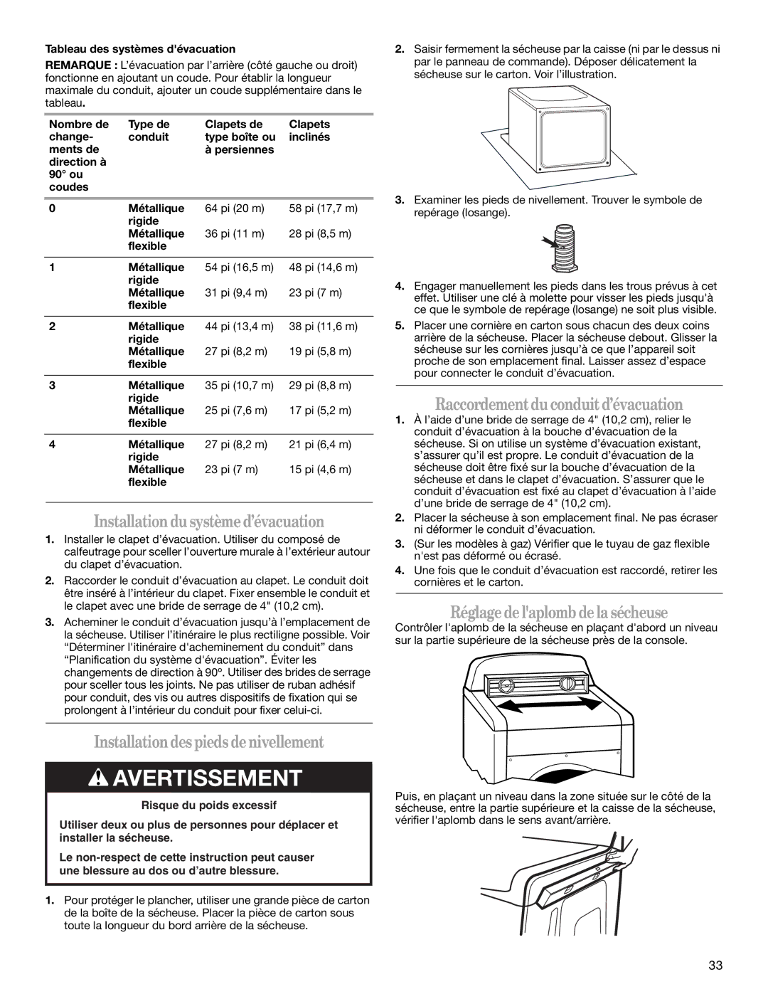 Whirlpool W10151493A Installationdusystèmed’évacuation, Installationdespiedsdenivellement, Réglagedelaplomb dela sécheuse 