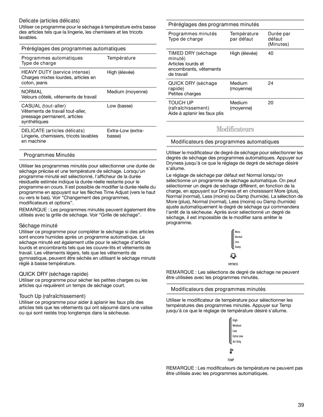 Whirlpool W10151493A, W10151492A manual Modificateurs 