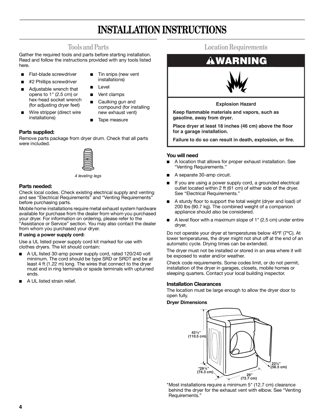 Whirlpool W10151492A, W10151493A manual Installation Instructions, ToolsandParts, LocationRequirements 