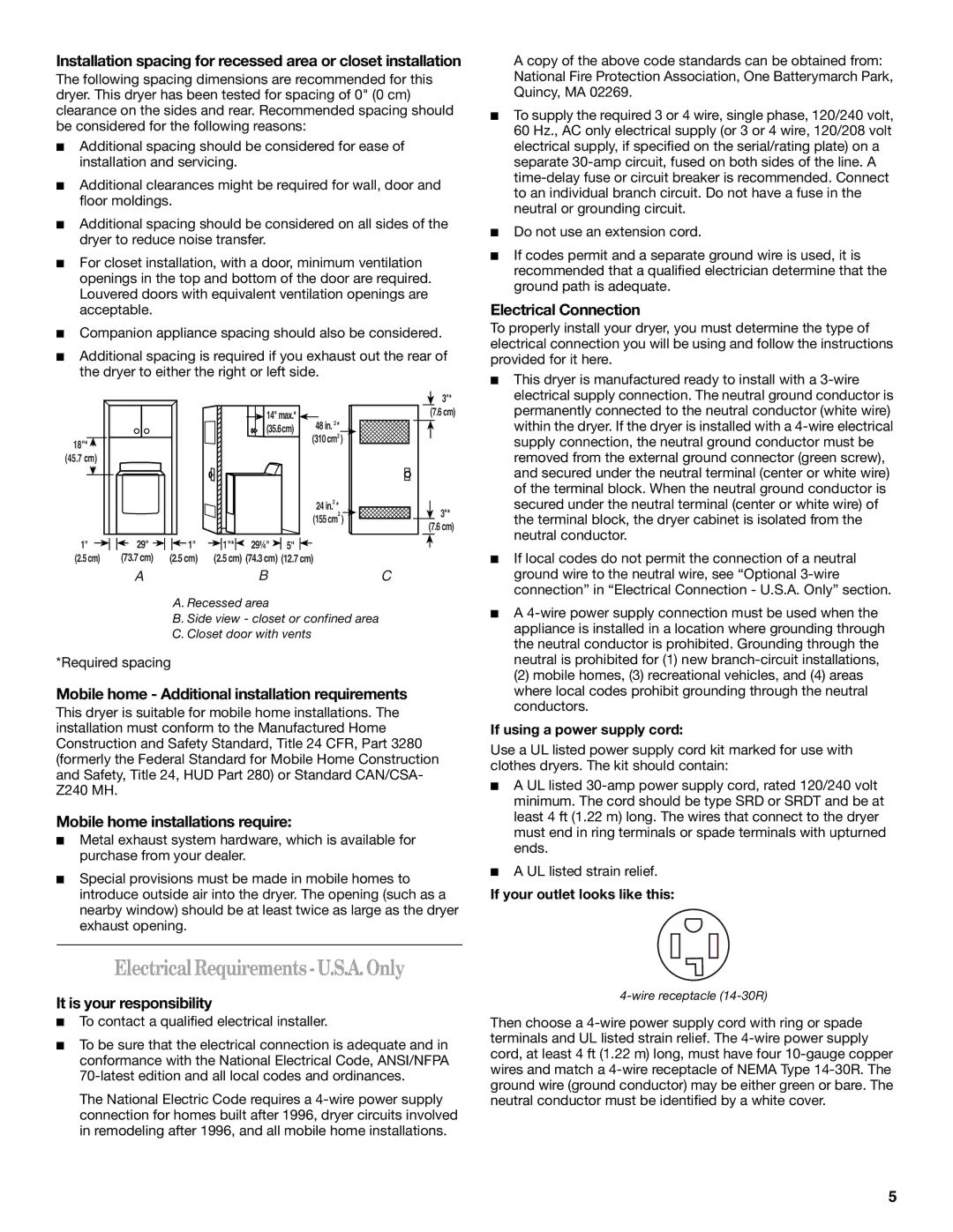 Whirlpool W10151493A manual ElectricalRequirements -U.S.A.Only, Electrical Connection, Mobile home installations require 