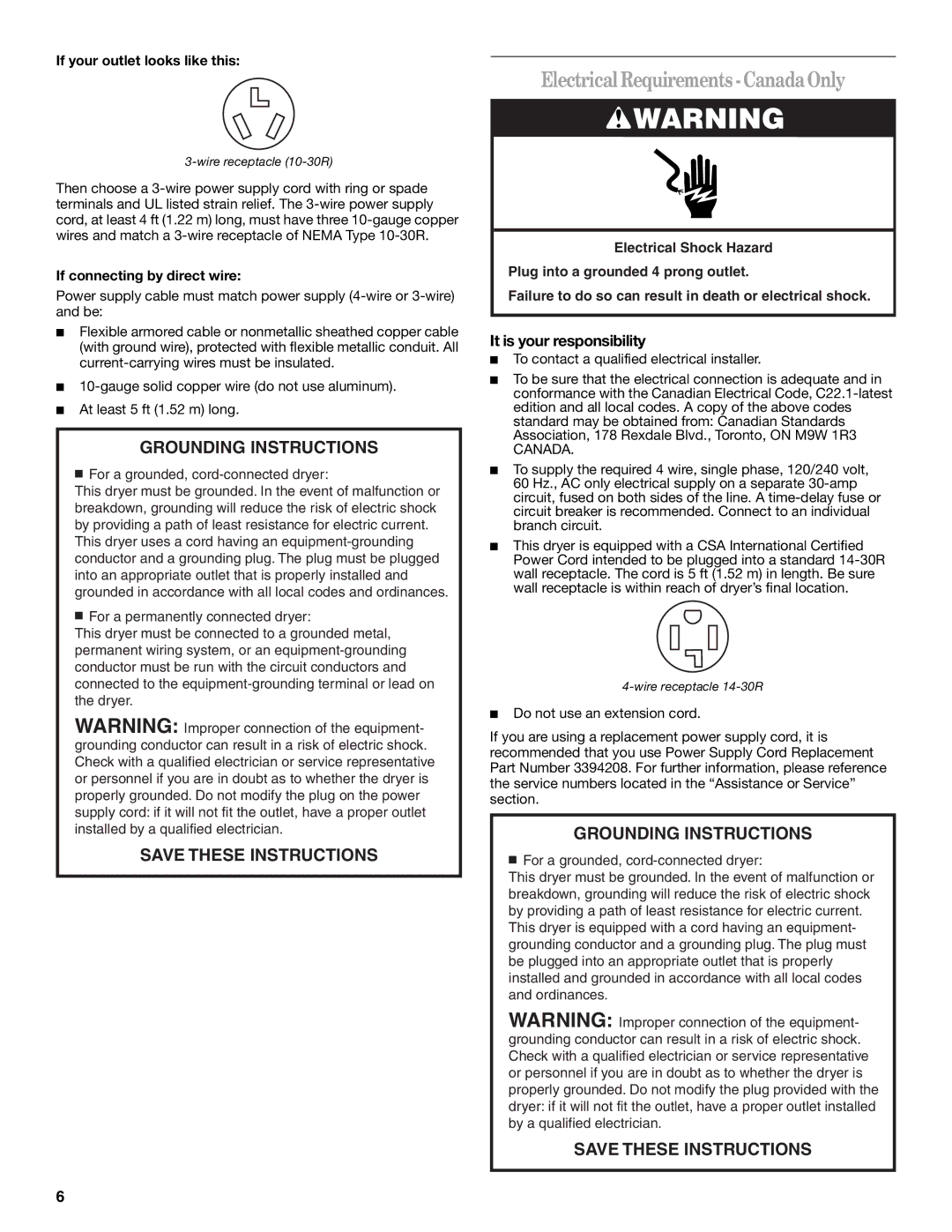 Whirlpool W10151492A, W10151493A manual ElectricalRequirements-CanadaOnly, If connecting by direct wire 